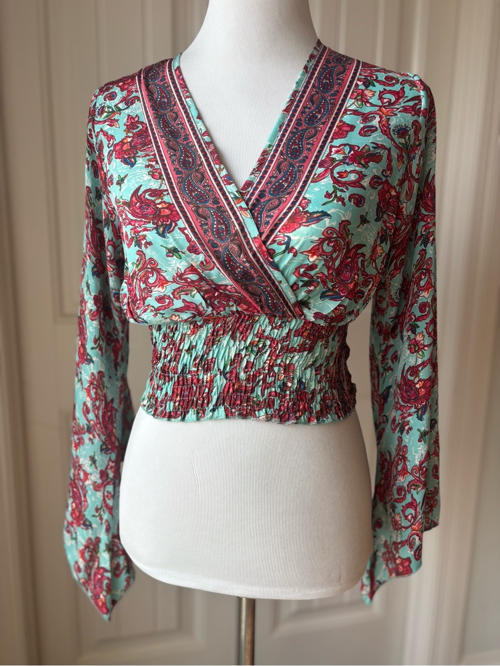 EARTHBOUND Mint & Burgundy Floral Wrap Crop Top
